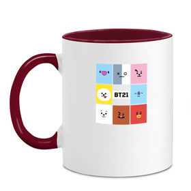 Кружка двухцветная с принтом BTS BT21 в Новосибирске, керамика | объем — 330 мл, диаметр — 80 мм. Цветная ручка и кайма сверху, в некоторых цветах — вся внутренняя часть | bangtan boys | bt21 | bts | bts army | bts stickers | j hope | jimin | jin | jungkook | k pop | rap monster | rapmon | suga | v | бтс | корея | стикеры bts