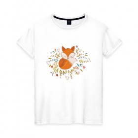 Женская футболка хлопок с принтом Лиса в цветах в Новосибирске, 100% хлопок | прямой крой, круглый вырез горловины, длина до линии бедер, слегка спущенное плечо | fox | foxed | арт | лис | лиса | лисенок | лисичка | пушистик | рыжая | рыжмй хвост
