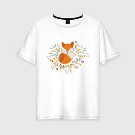 Женская футболка хлопок Oversize с принтом Лиса в цветах в Новосибирске, 100% хлопок | свободный крой, круглый ворот, спущенный рукав, длина до линии бедер
 | fox | foxed | арт | лис | лиса | лисенок | лисичка | пушистик | рыжая | рыжмй хвост