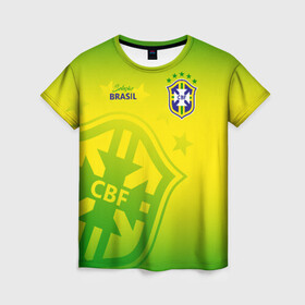 Женская футболка 3D с принтом Бразилия в Новосибирске, 100% полиэфир ( синтетическое хлопкоподобное полотно) | прямой крой, круглый вырез горловины, длина до линии бедер | brasil | brazil | бразилия | бразильская сборная | сборная бразилии | сборная бразилии по футболу | сборные | форма | футбол | футбольные сборные | чемпионат мира