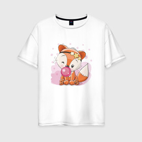 Женская футболка хлопок Oversize с принтом Милая лисичка с жвачкой в Новосибирске, 100% хлопок | свободный крой, круглый ворот, спущенный рукав, длина до линии бедер
 | fox | foxed | арт | лис | лиса | лисенок | лисичка | пушистик | рыжая | рыжмй хвост