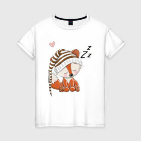 Женская футболка хлопок с принтом Сонный лисенок в Новосибирске, 100% хлопок | прямой крой, круглый вырез горловины, длина до линии бедер, слегка спущенное плечо | fox | foxed | арт | лис | лиса | лисенок | лисичка | пушистик | рыжая | рыжмй хвост