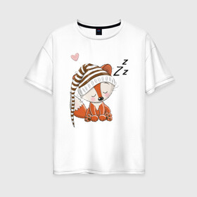 Женская футболка хлопок Oversize с принтом Сонный лисенок в Новосибирске, 100% хлопок | свободный крой, круглый ворот, спущенный рукав, длина до линии бедер
 | fox | foxed | арт | лис | лиса | лисенок | лисичка | пушистик | рыжая | рыжмй хвост