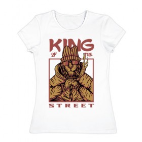 Женская футболка хлопок с принтом King of the street в Новосибирске, 100% хлопок | прямой крой, круглый вырез горловины, длина до линии бедер, слегка спущенное плечо | king | животные | звери | король | король улиц | кот | кошка | кошки | лев | природа | улица