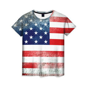 Женская футболка 3D с принтом Америка Флаг в Новосибирске, 100% полиэфир ( синтетическое хлопкоподобное полотно) | прямой крой, круглый вырез горловины, длина до линии бедер | usa | абстракция | америка | американский | герб | звезды | краска | символика сша | страны | сша | флаг | штаты