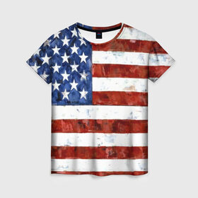 Женская футболка 3D с принтом США ФЛАГ в Новосибирске, 100% полиэфир ( синтетическое хлопкоподобное полотно) | прямой крой, круглый вырез горловины, длина до линии бедер | usa | абстракция | америка | американский | герб | звезды | краска | символика сша | страны | сша | флаг | штаты