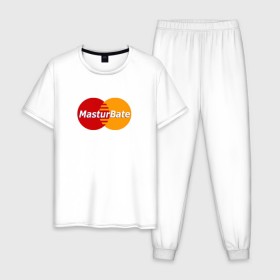 Мужская пижама хлопок с принтом MasturBate в Новосибирске, 100% хлопок | брюки и футболка прямого кроя, без карманов, на брюках мягкая резинка на поясе и по низу штанин
 | Тематика изображения на принте: mastercard | принт | принт на футболке | футболка с принтом