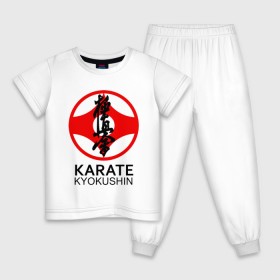 Детская пижама хлопок с принтом Karate Kyokushin в Новосибирске, 100% хлопок |  брюки и футболка прямого кроя, без карманов, на брюках мягкая резинка на поясе и по низу штанин
 | box | boxing | bruce lee | champion | dragon | fight | fighter | judo | muay thai | team | tiger | ufc | али | боевые | боец | бой | бокс | боксер | борьба | брюс ли | воин | дзюдо | дракон | единоборства | искусство | карате | контакт | кулак | лев