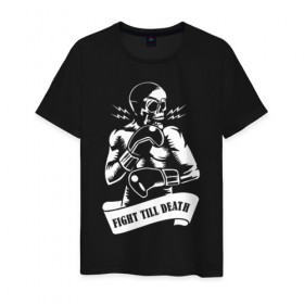 Мужская футболка хлопок с принтом Fight till death в Новосибирске, 100% хлопок | прямой крой, круглый вырез горловины, длина до линии бедер, слегка спущенное плечо. | boxing | figth | jaw | motto | ribbon | skeleton | skull | slogan | девиз | ленточка | скелет | слоган | схватка | череп
