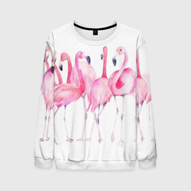 Мужской свитшот 3D с принтом Фламинго в Новосибирске, 100% полиэстер с мягким внутренним слоем | круглый вырез горловины, мягкая резинка на манжетах и поясе, свободная посадка по фигуре | art | birds | flamingo | flock | illustration | pink | summer | watercolor | акварель | иллюстрация | искусство | лето | птицы | розовый | стая | фламинго