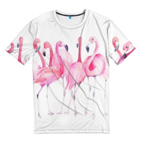 Мужская футболка 3D с принтом Фламинго в Новосибирске, 100% полиэфир | прямой крой, круглый вырез горловины, длина до линии бедер | art | birds | flamingo | flock | illustration | pink | summer | watercolor | акварель | иллюстрация | искусство | лето | птицы | розовый | стая | фламинго