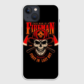 Чехол для iPhone 13 с принтом Пожарный в Новосибирске,  |  | axes | crossed | emblem | fire | fireman | helmet | red | retro | skull | vintage | каска | красные | огонь | пожарный | рэтро | скрещенные | старинная | топоры | череп | эмблема