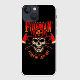 Чехол для iPhone 13 mini с принтом Пожарный в Новосибирске,  |  | axes | crossed | emblem | fire | fireman | helmet | red | retro | skull | vintage | каска | красные | огонь | пожарный | рэтро | скрещенные | старинная | топоры | череп | эмблема