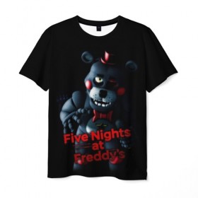 Мужская футболка 3D с принтом Five Nights At Freddys в Новосибирске, 100% полиэфир | прямой крой, круглый вырез горловины, длина до линии бедер | five nights at freddys | foxy | аниматроники | игра | компьютерная игра | робот | фокси | фредди | фреди | чика