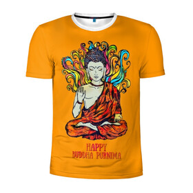 Мужская футболка 3D спортивная с принтом Happy Buddha Purnima в Новосибирске, 100% полиэстер с улучшенными характеристиками | приталенный силуэт, круглая горловина, широкие плечи, сужается к линии бедра | buddha | golden | happy | indian | kesa | lotus | monk | orange | ornament | pattern | pose | religion | shakyamuni | spiritual | te | будда | буддизм | духовный | золотой | индийский | кашая | кэса | лотос | оранжевый | орнамент | основатель | по