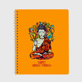 Тетрадь с принтом Happy Buddha Purnima в Новосибирске, 100% бумага | 48 листов, плотность листов — 60 г/м2, плотность картонной обложки — 250 г/м2. Листы скреплены сбоку удобной пружинной спиралью. Уголки страниц и обложки скругленные. Цвет линий — светло-серый
 | buddha | golden | happy | indian | kesa | lotus | monk | orange | ornament | pattern | pose | religion | shakyamuni | spiritual | te | будда | буддизм | духовный | золотой | индийский | кашая | кэса | лотос | оранжевый | орнамент | основатель | по