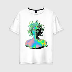 Женская футболка хлопок Oversize с принтом Gorgon Medusa в Новосибирске, 100% хлопок | свободный крой, круглый ворот, спущенный рукав, длина до линии бедер
 | gorgon medusa | бог | богиня | горгона медуза | змеи | змея | камень | необычно | статуя