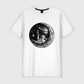Мужская футболка премиум с принтом космос в Новосибирске, 92% хлопок, 8% лайкра | приталенный силуэт, круглый вырез ворота, длина до линии бедра, короткий рукав | астрономия | вселенная | галактика | графика | звезды | инопланетяне | космос | луна | нло