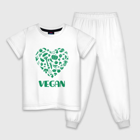 Детская пижама хлопок с принтом Vegan в Новосибирске, 100% хлопок |  брюки и футболка прямого кроя, без карманов, на брюках мягкая резинка на поясе и по низу штанин
 | Тематика изображения на принте: earth | green | greenpaece | nature | sport | vegan | world | yoga | веган | вегетарианец | гринпис | дерево | еда | животные | жизнь | здоровье | зеленый | йога | лес | любовь | мир | овощи | пища | планета | природа | растение