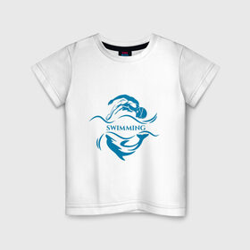 Детская футболка хлопок с принтом Плавание в Новосибирске, 100% хлопок | круглый вырез горловины, полуприлегающий силуэт, длина до линии бедер | Тематика изображения на принте: бассейн | вода | волна | дельфин | плавание | пловец