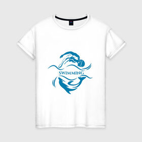 Женская футболка хлопок с принтом Плавание в Новосибирске, 100% хлопок | прямой крой, круглый вырез горловины, длина до линии бедер, слегка спущенное плечо | Тематика изображения на принте: бассейн | вода | волна | дельфин | плавание | пловец