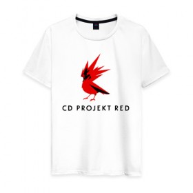 Мужская футболка хлопок с принтом CD RPOJECT RED в Новосибирске, 100% хлопок | прямой крой, круглый вырез горловины, длина до линии бедер, слегка спущенное плечо. | Тематика изображения на принте: 2019 | cd project red | cyberpunk 2077 | future | hack | night city | samurai | sci fi | андроиды | безумие | будущее | киберпанк 2077 | логотип | роботы | самураи | фантастика | цифры