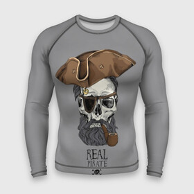 Мужской рашгард 3D с принтом Real pirate в Новосибирске,  |  | beard | bones | crossed | drawing | font | funny | graphics | hat | inscription | mustache | one eyed | pipe | pirate | real | roger | skull | smoking | борода | весёлый | графика | кости | кури | надпись | одноглазый | перекрещенные | пират | реальный | 