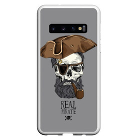 Чехол для Samsung Galaxy S10 с принтом Real pirate в Новосибирске, Силикон | Область печати: задняя сторона чехла, без боковых панелей | Тематика изображения на принте: beard | bones | crossed | drawing | font | funny | graphics | hat | inscription | mustache | one eyed | pipe | pirate | real | roger | skull | smoking | борода | весёлый | графика | кости | кури | надпись | одноглазый | перекрещенные | пират | реальный | 