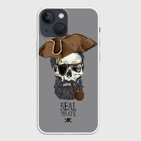 Чехол для iPhone 13 mini с принтом Real pirate в Новосибирске,  |  | beard | bones | crossed | drawing | font | funny | graphics | hat | inscription | mustache | one eyed | pipe | pirate | real | roger | skull | smoking | борода | весёлый | графика | кости | кури | надпись | одноглазый | перекрещенные | пират | реальный | 