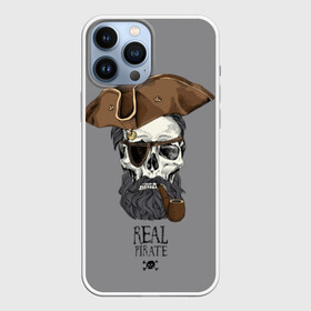 Чехол для iPhone 13 Pro Max с принтом Real pirate в Новосибирске,  |  | beard | bones | crossed | drawing | font | funny | graphics | hat | inscription | mustache | one eyed | pipe | pirate | real | roger | skull | smoking | борода | весёлый | графика | кости | кури | надпись | одноглазый | перекрещенные | пират | реальный | 