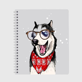 Тетрадь с принтом Хаски в Новосибирске, 100% бумага | 48 листов, плотность листов — 60 г/м2, плотность картонной обложки — 250 г/м2. Листы скреплены сбоку удобной пружинной спиралью. Уголки страниц и обложки скругленные. Цвет линий — светло-серый
 | animal | blue | breed | dog | drawing | eyes | graphic | husky | jaws | knitted | open | ornament | pattern | shawl | snow | winter | вязаный | глаза | голубые | графический | животное | зима | орнамент | открытая | очки | платок | порода | рису
