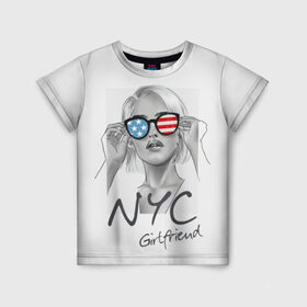 Детская футболка 3D с принтом NYC girlfriend в Новосибирске, 100% гипоаллергенный полиэфир | прямой крой, круглый вырез горловины, длина до линии бедер, чуть спущенное плечо, ткань немного тянется | Тематика изображения на принте: beautiful | blonde | city | flag | girl | girlfriend | new york | reflection | stars | stripes | usa | блондинка | город | девушка | звезды | красивая | нью йорк | отражение | очки | подруга | полосы | сша | флаг