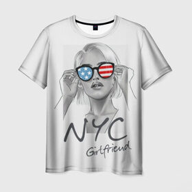 Мужская футболка 3D с принтом NYC girlfriend в Новосибирске, 100% полиэфир | прямой крой, круглый вырез горловины, длина до линии бедер | beautiful | blonde | city | flag | girl | girlfriend | new york | reflection | stars | stripes | usa | блондинка | город | девушка | звезды | красивая | нью йорк | отражение | очки | подруга | полосы | сша | флаг