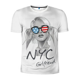 Мужская футболка 3D спортивная с принтом NYC girlfriend в Новосибирске, 100% полиэстер с улучшенными характеристиками | приталенный силуэт, круглая горловина, широкие плечи, сужается к линии бедра | beautiful | blonde | city | flag | girl | girlfriend | new york | reflection | stars | stripes | usa | блондинка | город | девушка | звезды | красивая | нью йорк | отражение | очки | подруга | полосы | сша | флаг
