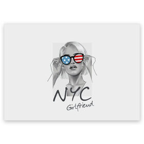 Поздравительная открытка с принтом NYC girlfriend в Новосибирске, 100% бумага | плотность бумаги 280 г/м2, матовая, на обратной стороне линовка и место для марки
 | Тематика изображения на принте: beautiful | blonde | city | flag | girl | girlfriend | new york | reflection | stars | stripes | usa | блондинка | город | девушка | звезды | красивая | нью йорк | отражение | очки | подруга | полосы | сша | флаг