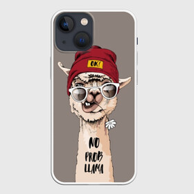 Чехол для iPhone 13 mini с принтом llama в Новосибирске,  |  | animal | dude | flower | grimace | hat | head | hello | inscription | llama | long | neck | street | style | голова | гримаса | длинная | животное | лама | надпись | очки | привет | стиль | уличный | цветок | чувак | шапка | шея