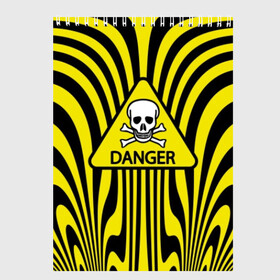 Скетчбук с принтом Danger в Новосибирске, 100% бумага
 | 48 листов, плотность листов — 100 г/м2, плотность картонной обложки — 250 г/м2. Листы скреплены сверху удобной пружинной спиралью | danger | skull | triangle | wave | yellow | волна | желтый | опасность | треугольник | череп