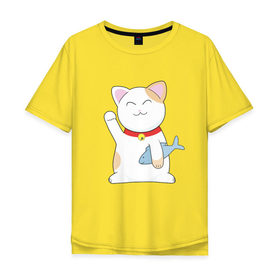 Мужская футболка хлопок Oversize с принтом Манэки-нэко в Новосибирске, 100% хлопок | свободный крой, круглый ворот, “спинка” длиннее передней части | cat | maneki | maneki neko | neko | денежный кот | зовущая кошка | кот | кот счастья | кот удачи | котенок | котэ | кошка | манеки | манэки нэко | манящий кот | нэко | приглашающий кот | удача
