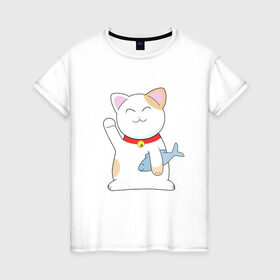 Женская футболка хлопок с принтом Манэки-нэко в Новосибирске, 100% хлопок | прямой крой, круглый вырез горловины, длина до линии бедер, слегка спущенное плечо | cat | maneki | maneki neko | neko | денежный кот | зовущая кошка | кот | кот счастья | кот удачи | котенок | котэ | кошка | манеки | манэки нэко | манящий кот | нэко | приглашающий кот | удача
