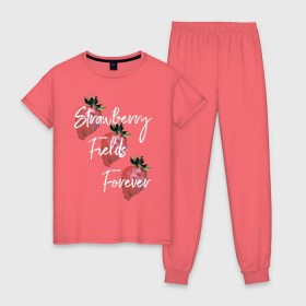 Женская пижама хлопок с принтом Strawberry Fields в Новосибирске, 100% хлопок | брюки и футболка прямого кроя, без карманов, на брюках мягкая резинка на поясе и по низу штанин | beatles | forever | strawberry | the beatles | битлз | джон леннон | леннон | форевер | ягода