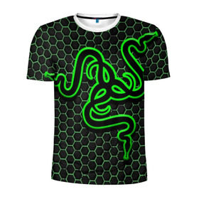 Мужская футболка 3D спортивная с принтом RAZER в Новосибирске, 100% полиэстер с улучшенными характеристиками | приталенный силуэт, круглая горловина, широкие плечи, сужается к линии бедра | game | razer | texture | зеленый | игровое лого | игромания | игры | рэйзер | текстуры