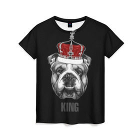 Женская футболка 3D с принтом Английский бульдог с короной в Новосибирске, 100% полиэфир ( синтетическое хлопкоподобное полотно) | прямой крой, круглый вырез горловины, длина до линии бедер | animals | authority | breed | bulldog | cool | crown | dog | english | fighting | head | illustration | inscription | king | muzzle | supreme | swag | авторитет | английский | бойцовый | бульдог | верховный | голова | животные | иллюстрация | король | кор
