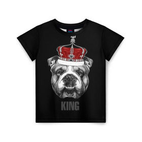 Детская футболка 3D с принтом Английский бульдог с короной в Новосибирске, 100% гипоаллергенный полиэфир | прямой крой, круглый вырез горловины, длина до линии бедер, чуть спущенное плечо, ткань немного тянется | animals | authority | breed | bulldog | cool | crown | dog | english | fighting | head | illustration | inscription | king | muzzle | supreme | swag | авторитет | английский | бойцовый | бульдог | верховный | голова | животные | иллюстрация | король | кор