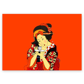 Поздравительная открытка с принтом Японка в Новосибирске, 100% бумага | плотность бумаги 280 г/м2, матовая, на обратной стороне линовка и место для марки
 | brunette | ceremony | culture | east | flowers | geisha | hairstyle | japan | japanese woman | kimono | makeup | tea | traditions | брюнетка | восток | кимоно | культура | макияж | прическа | традиции | цветы | церемония | чай | чайная | япония | 