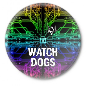 Значок с принтом WATCH DOGS в Новосибирске,  металл | круглая форма, металлическая застежка в виде булавки | Тематика изображения на принте: action | ct os | ded sec | fox | game | gamer | glitch | hacker | player | watch dogs | watch dogs 2 | глитч | знак лиса | игра | компьютерная игра | маркус | хакер