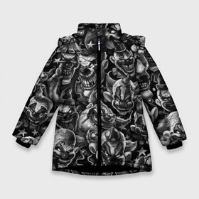 Зимняя куртка для девочек 3D с принтом Злые Клоуны в Новосибирске, ткань верха — 100% полиэстер; подклад — 100% полиэстер, утеплитель — 100% полиэстер. | длина ниже бедра, удлиненная спинка, воротник стойка и отстегивающийся капюшон. Есть боковые карманы с листочкой на кнопках, утяжки по низу изделия и внутренний карман на молнии. 

Предусмотрены светоотражающий принт на спинке, радужный светоотражающий элемент на пуллере молнии и на резинке для утяжки. | black | graffiti | horror | stickerbombing | tatu | urban | white | граффити | зло | клоун | клоуны | комикс | мода | стикер | стикербомбинг | стиль | тату | татуировки | тренд | ужас | улыбка | урбан | хоррор | черно белые
