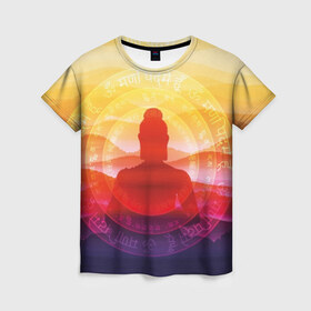 Женская футболка 3D с принтом Будда в Новосибирске, 100% полиэфир ( синтетическое хлопкоподобное полотно) | прямой крой, круглый вырез горловины, длина до линии бедер | Тематика изображения на принте: buddha | calm | color | enlightenment | india | meditatio | mountains | nature | purple | red | religion | symbol | yellow | yoga | будда | горы | духовность | желтый | индия | йога | красный | медитация | природа | просветление | расслабление | религия |