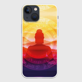 Чехол для iPhone 13 mini с принтом Будда в Новосибирске,  |  | buddha | calm | color | enlightenment | india | meditatio | mountains | nature | purple | red | religion | symbol | yellow | yoga | будда | горы | духовность | желтый | индия | йога | красный | медитация | природа | просветление | расслабление | религия |