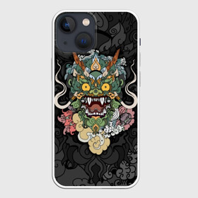 Чехол для iPhone 13 mini с принтом Дракон в Новосибирске,  |  | character | dragon | east | eyes | fangs | horns | japan | japanese | legend | mask | mythological | pattern | yellow | восток | глаза | дракон | желтые | клыки | легенда | маска | мифологический | персонаж | рога | узор | япония | японский