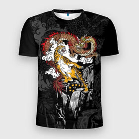 Мужская футболка 3D спортивная с принтом Тигр и дракон в Новосибирске, 100% полиэстер с улучшенными характеристиками | приталенный силуэт, круглая горловина, широкие плечи, сужается к линии бедра | animals | clouds | country | dragon | east | fangs | japanese | mythical | nature | predator | rising | sun | tiger | восток | восходящего | дракон | животные | клыки | мифический | облака | природа | солнца | страна | тигр | хищник | японский